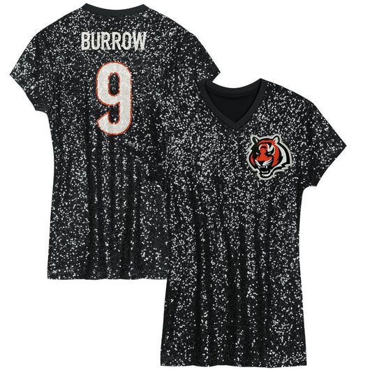 Joe Burrow Cincinnati Bengals Girls Youth Sequin Player Name & Number V-Neck Dress - Black