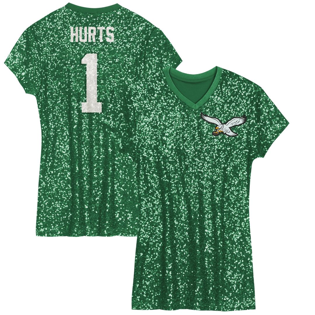 Jalen Hurts Philadelphia Eagles Girls Youth Sequin Player Name & Number V-Neck Dress - Kelly Green