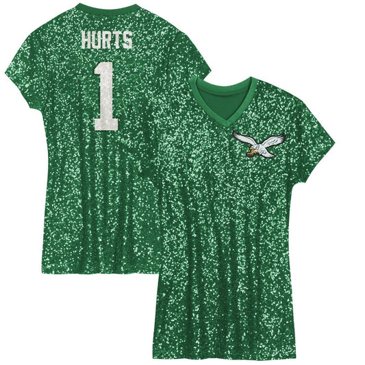 Jalen Hurts Philadelphia Eagles Girls Youth Sequin Player Name & Number V-Neck Dress - Kelly Green