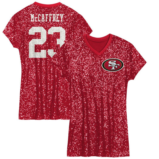 Christian McCaffrey San Francisco 49ers Girls Youth Sequin Player Name & Number V-Neck Dress - Scarlet